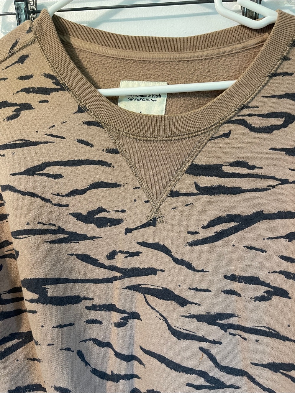 Abercrombie & Fitch Tan Crewneck Sweater with Black Tiger-Stripe Print